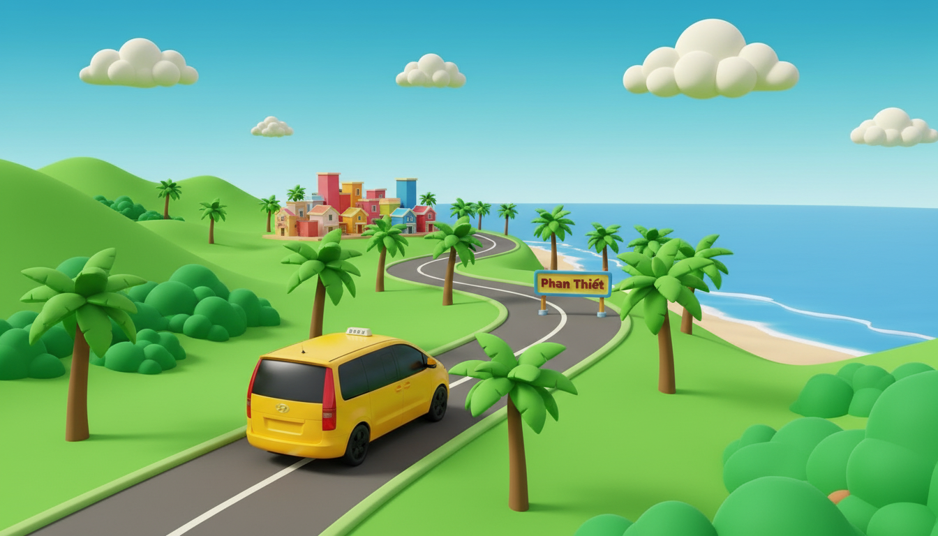 landscape of Phan Thiet with a yellow taxi