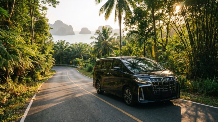 Toyota Alphard private transfer on a scenic road in Southeast Asia — reliable transportation through Thailand, Vietnam and Cambodia