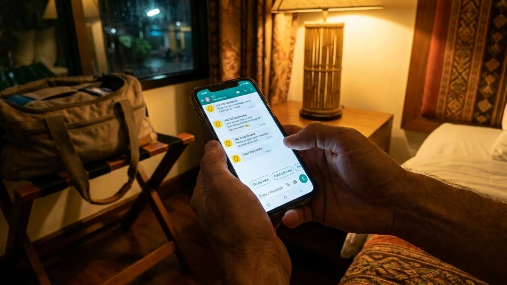 Traveler messaging transport support on WhatsApp late at night in Southeast Asia hotel room